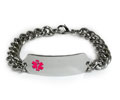 Classic Stainless Steel ID Bracelet with wide chain. Pink Emblem