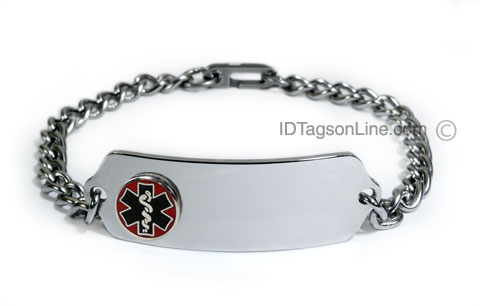 Classic Stainless Steel ID Bracelet with raised medical emblem. - Click Image to Close