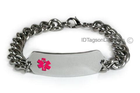 Classic Stainless Steel ID Bracelet with wide chain. Pink Emblem - Click Image to Close