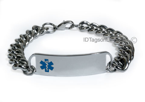 D- Style ID Bracelet with wide chain and blue emblem. - Click Image to Close
