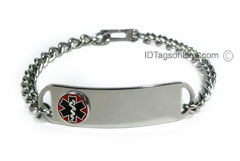 D- Style Stainless Steel ID Bracelet with raised medical emblem.