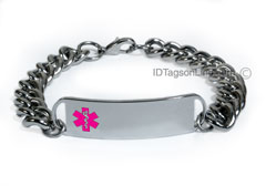 D- Style ID Bracelet with wide chain and pink emblem.