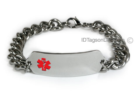 Classic Stainless Steel ID Bracelet with wide chain. Red emblem. - Click Image to Close