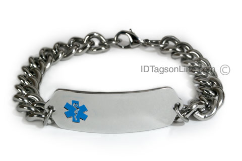 Classic Stainless Steel ID Bracelet with wide chain. Blue Emblem - Click Image to Close